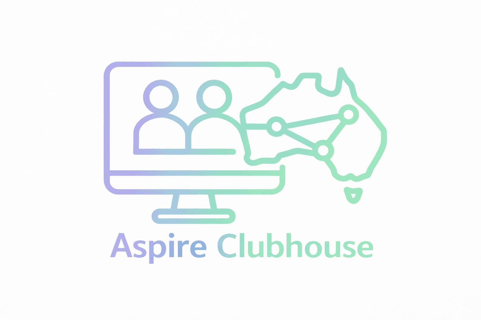"Aspire Clubhouse logo: two people on a desktop computer screen with a map of Australia next to the computer screen and words Aspire Clubhouse underneath"