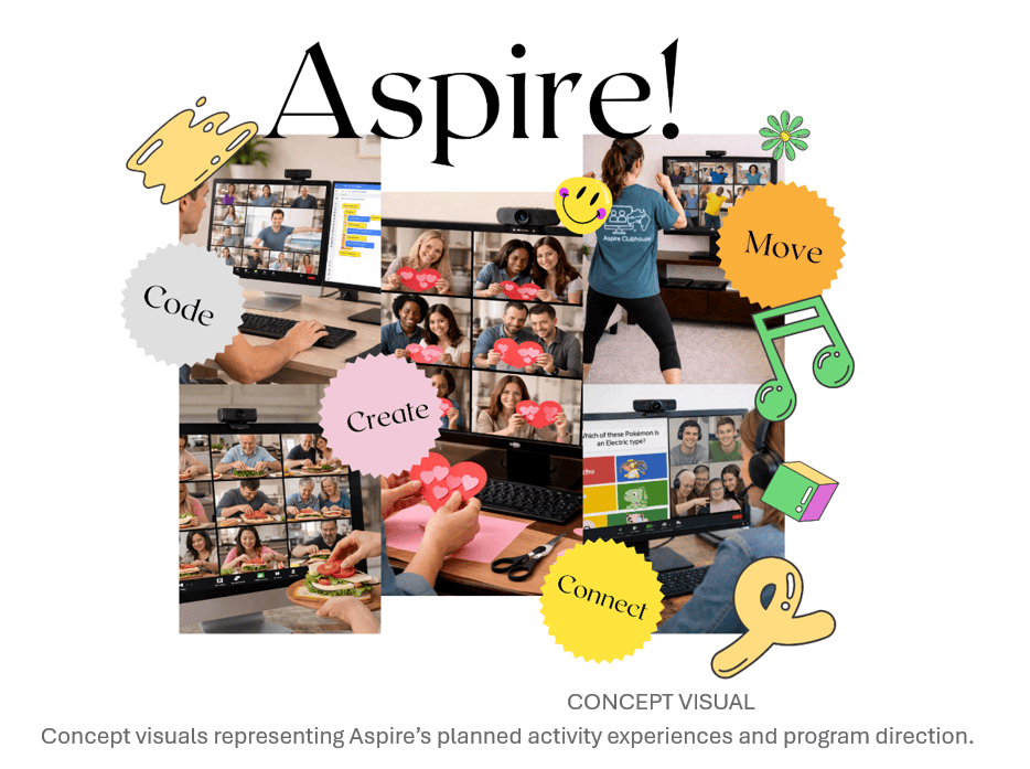 "Aspire Clubhouse online activities:  coding, dancing, cooking, crafts, and games.