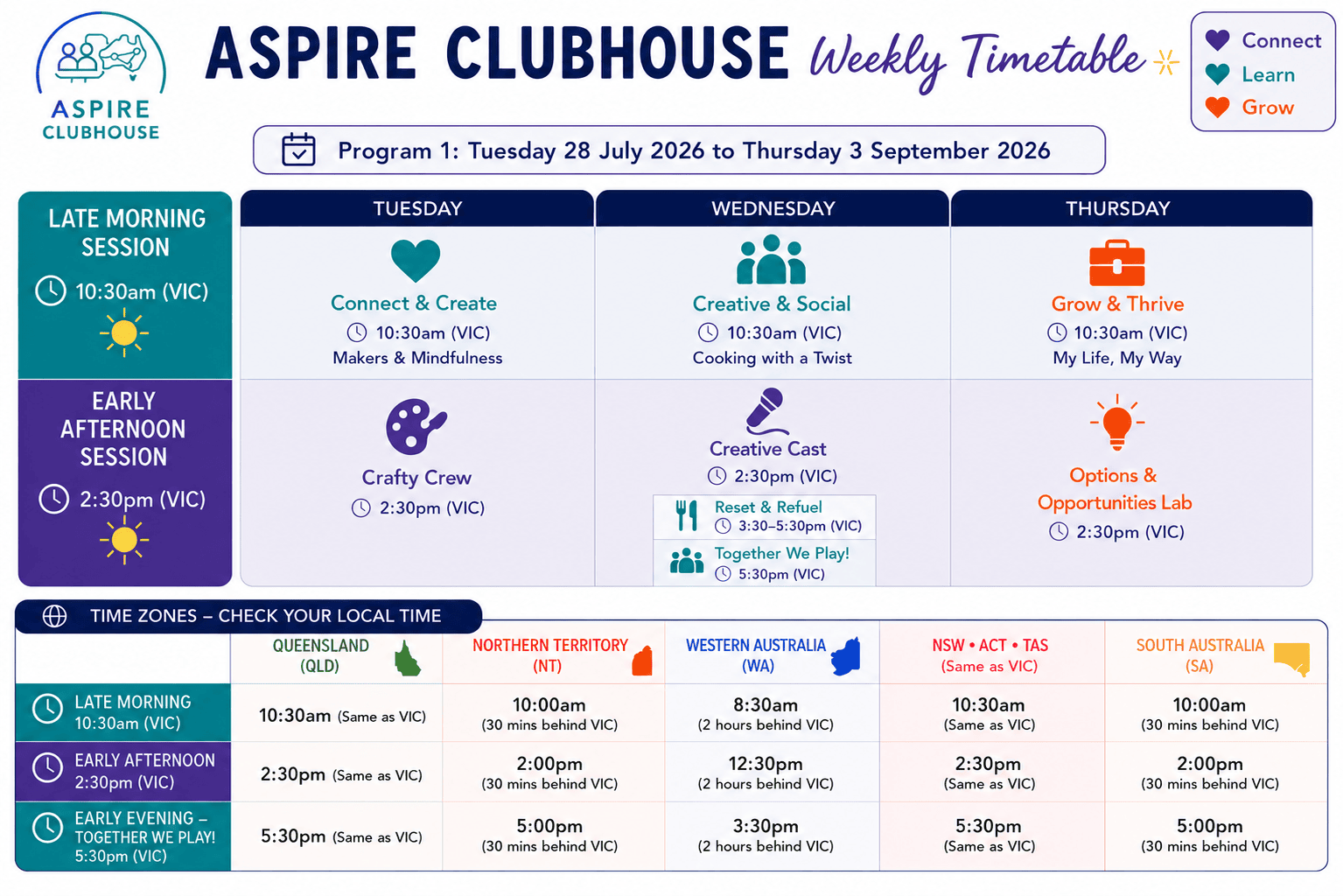 "Aspire Clubhouse Weekly Timetable of Activities"