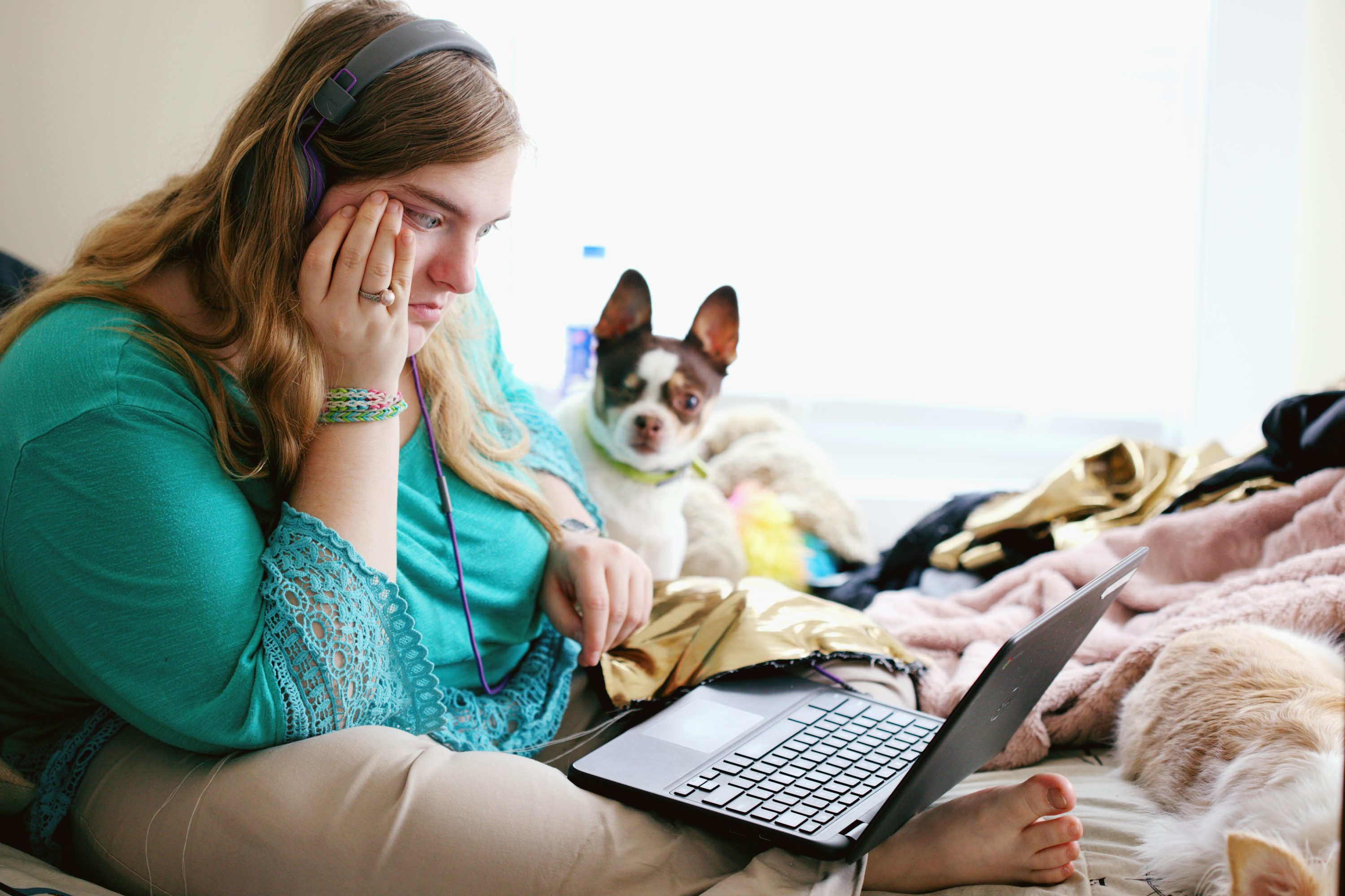 Woman looking at her laptop computer with pet dog beside her